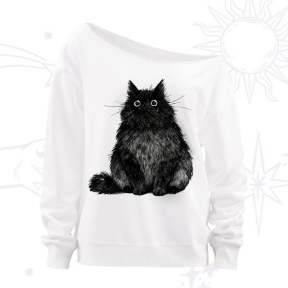 Purplehecate Cute Black Fluffy Cat Off The Shoulder Sweatshirt