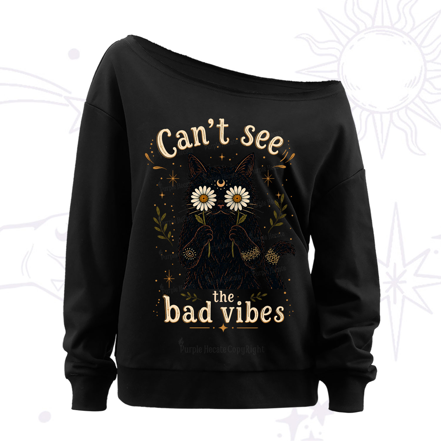Purplehecate Can't See the Bad Vibes Black Cat Off The Shoulder Sweatshirt