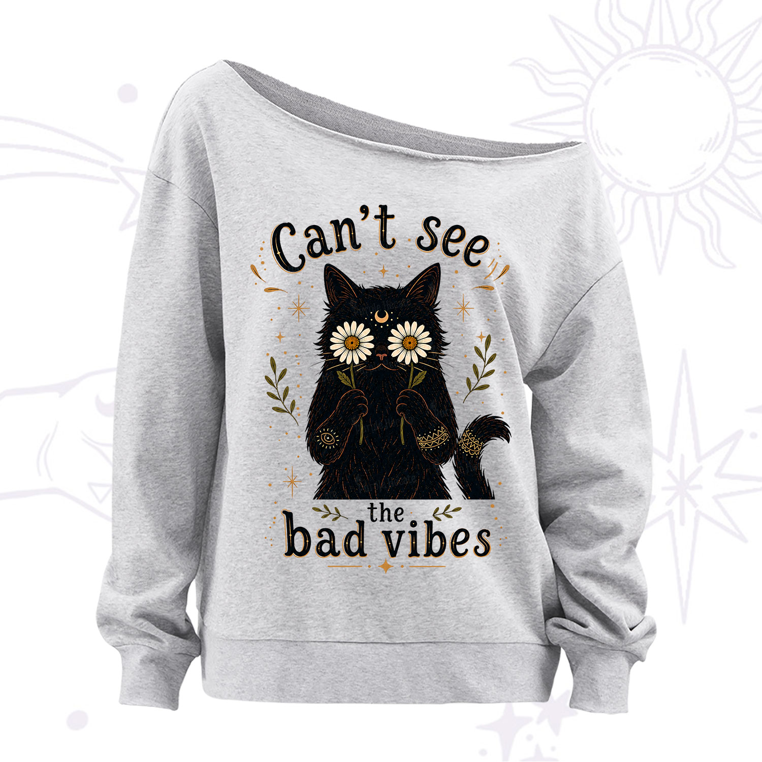 Purplehecate Can't See the Bad Vibes Black Cat Off The Shoulder Sweatshirt