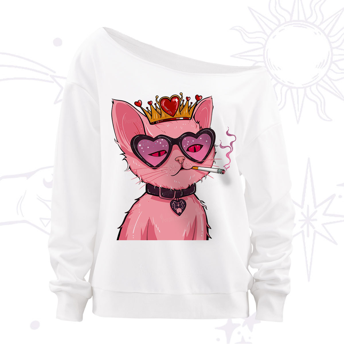 Purplehecate Bad Attitude Pink Cat Smoking Queen Off The Shoulder Sweatshirt
