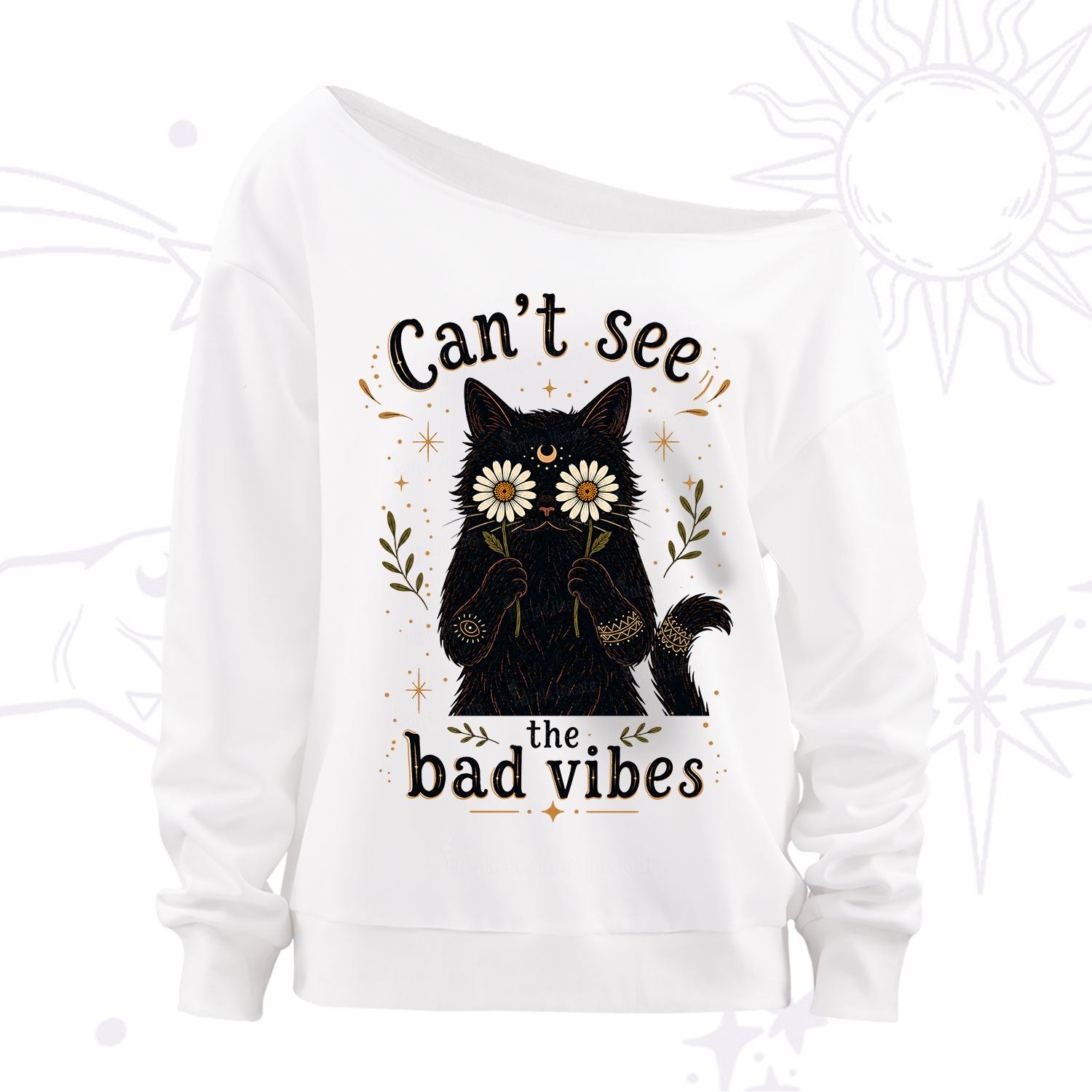 Purplehecate Can't See the Bad Vibes Black Cat Off The Shoulder Sweatshirt