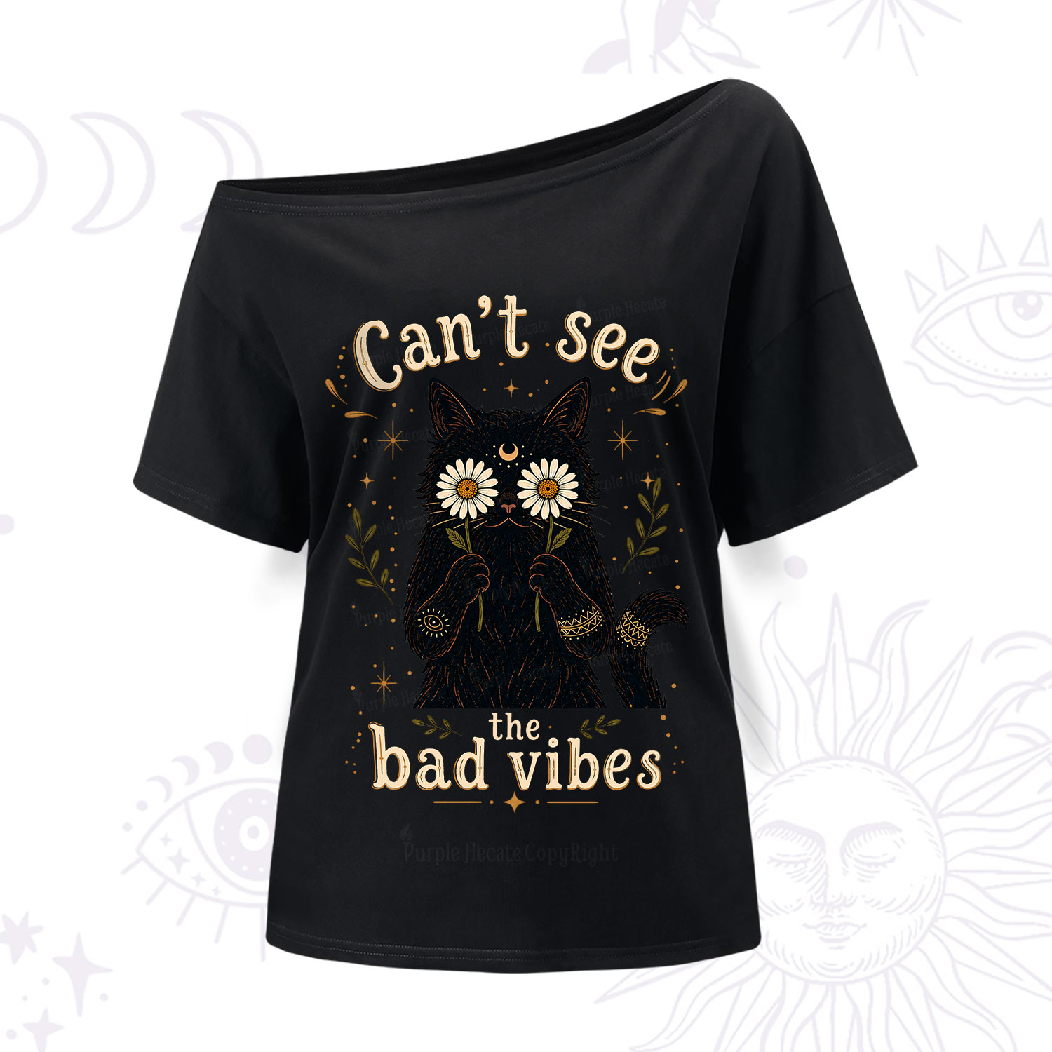 Purplehecate Can't See the Bad Vibes Black Cat One Shoulder T-Shirt