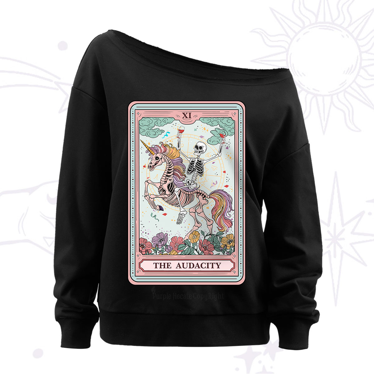 Purplehecate The Funny Skeleton Audacity Tarot Off The Shoulder Sweatshirt