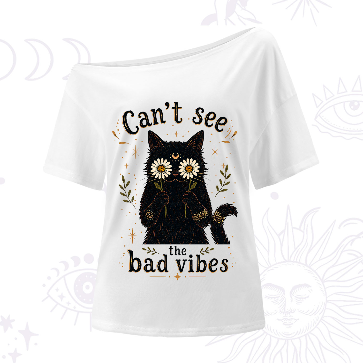 Purplehecate Can't See the Bad Vibes Black Cat One Shoulder T-Shirt