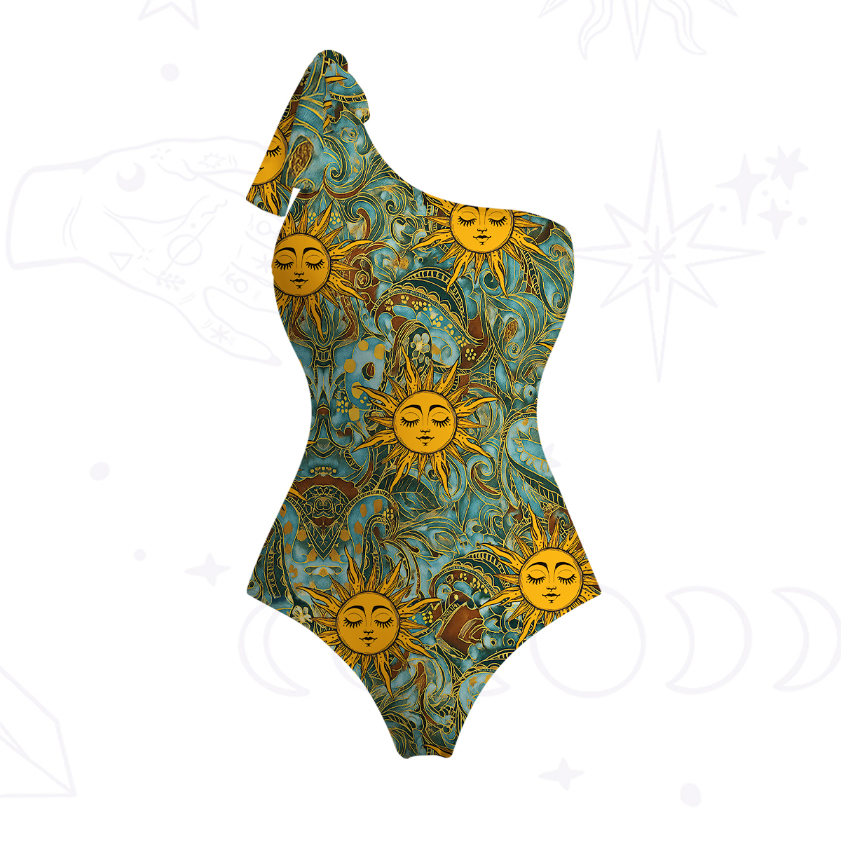 Purplehecate Golden Sun Wheel One-Shoulder One-Piece Swimsuit