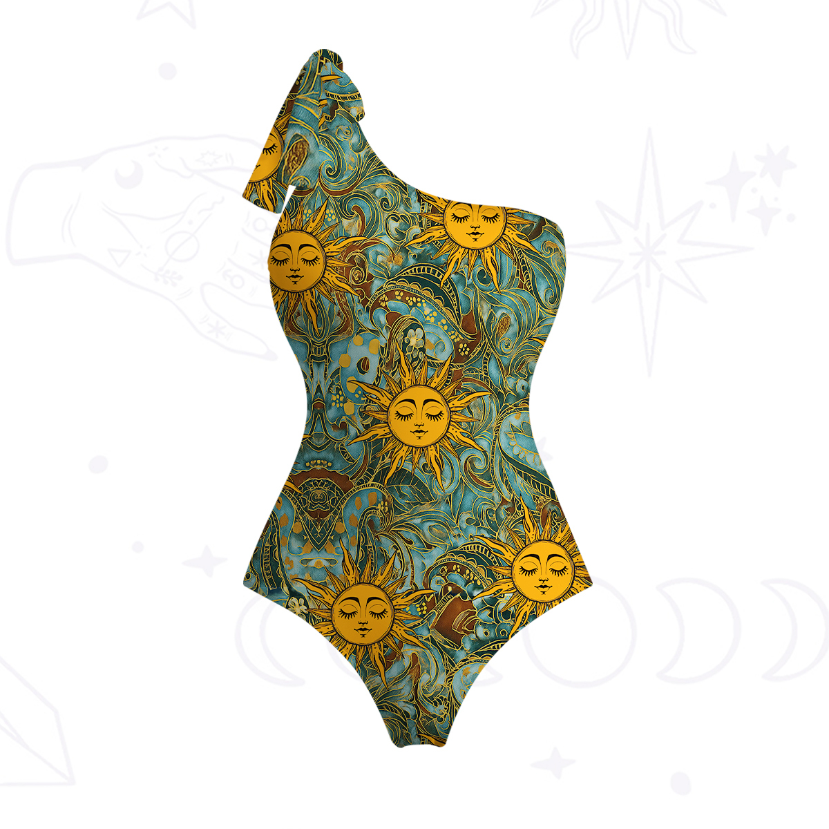 Purplehecate Golden Sun Wheel One-Shoulder One-Piece Swimsuit