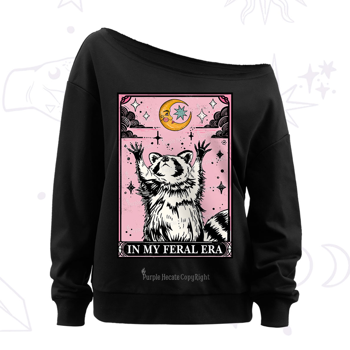 Purplehecate The In My Feral Era Tarot Raccoon Off The Shoulder Sweatshirt