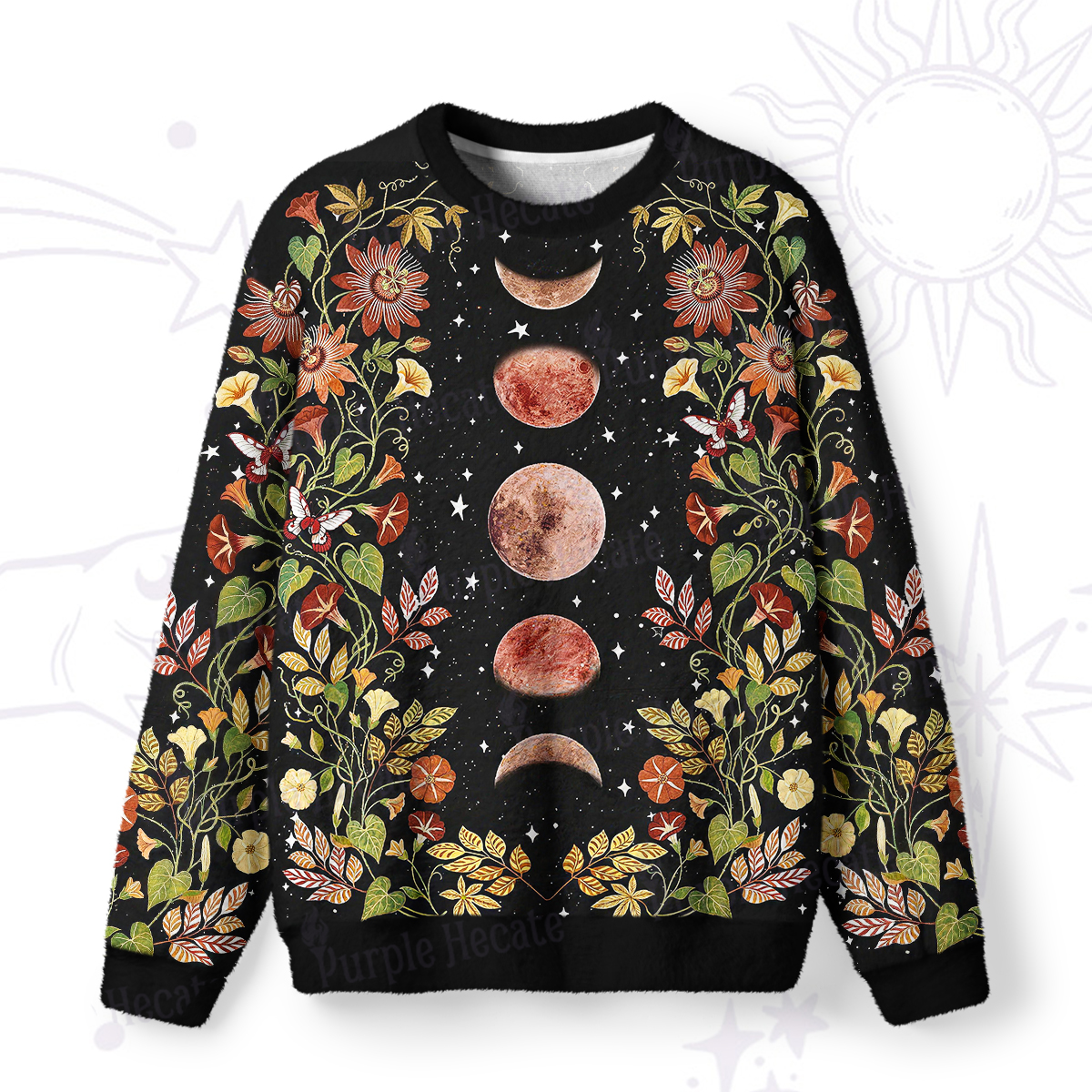 Purplehecate Moon Phase Floral Fuzzy Ugly Sweatshirt