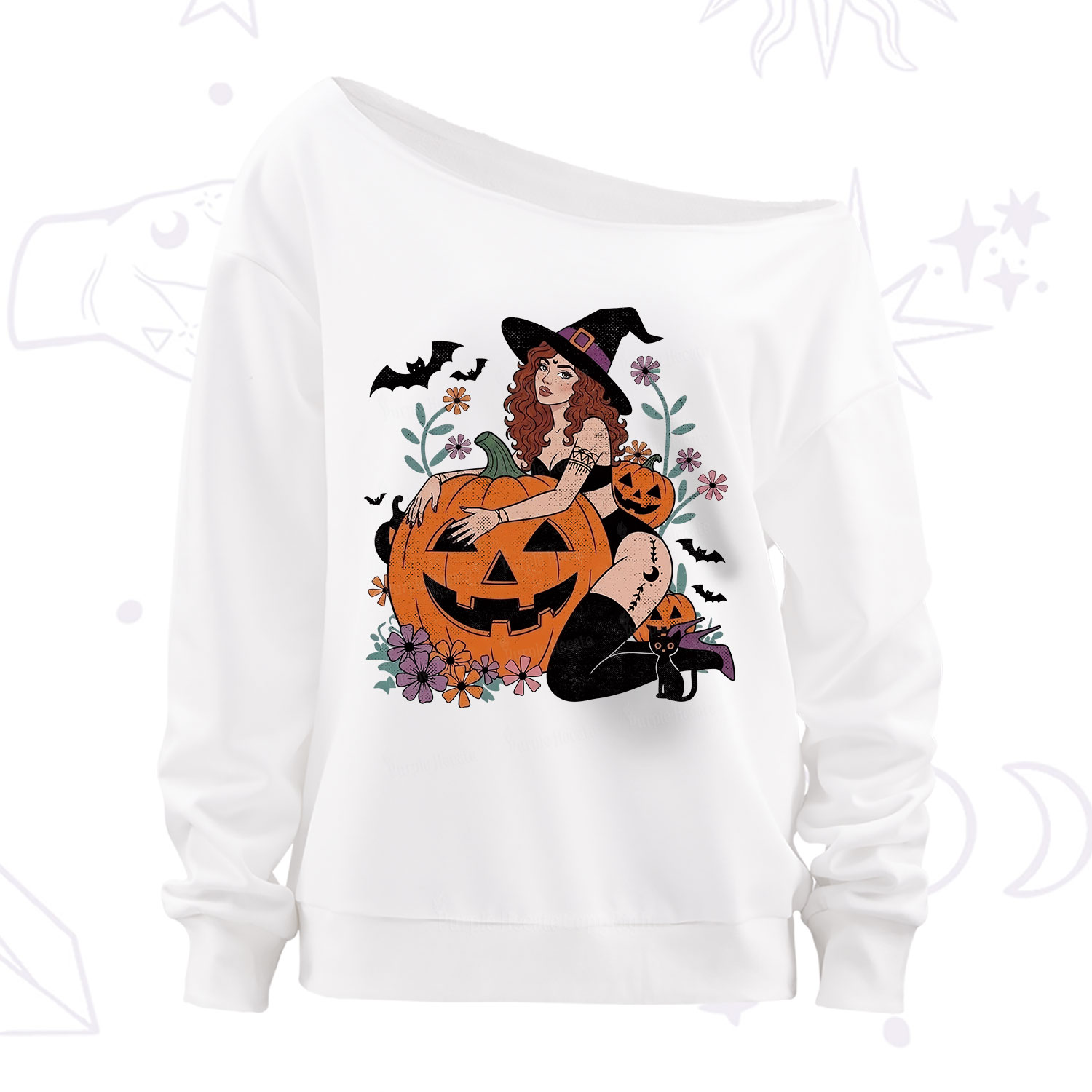Purplehecate Enchanting Pumpkin Witch Halloween Off The Shoulder Sweatshirt