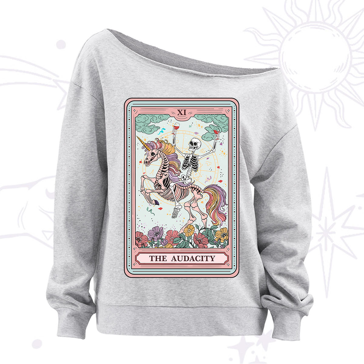 Purplehecate The Funny Skeleton Audacity Tarot Off The Shoulder Sweatshirt