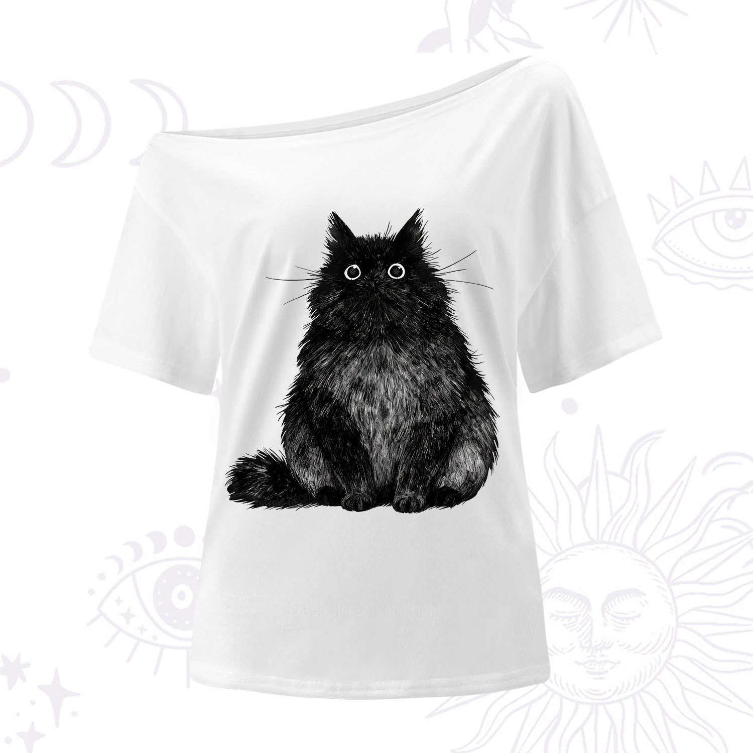 Purplehecate Cute Black Fluffy Cat One Shoulder T-Shirt