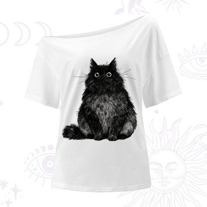 Purplehecate Cute Black Fluffy Cat One Shoulder T-Shirt