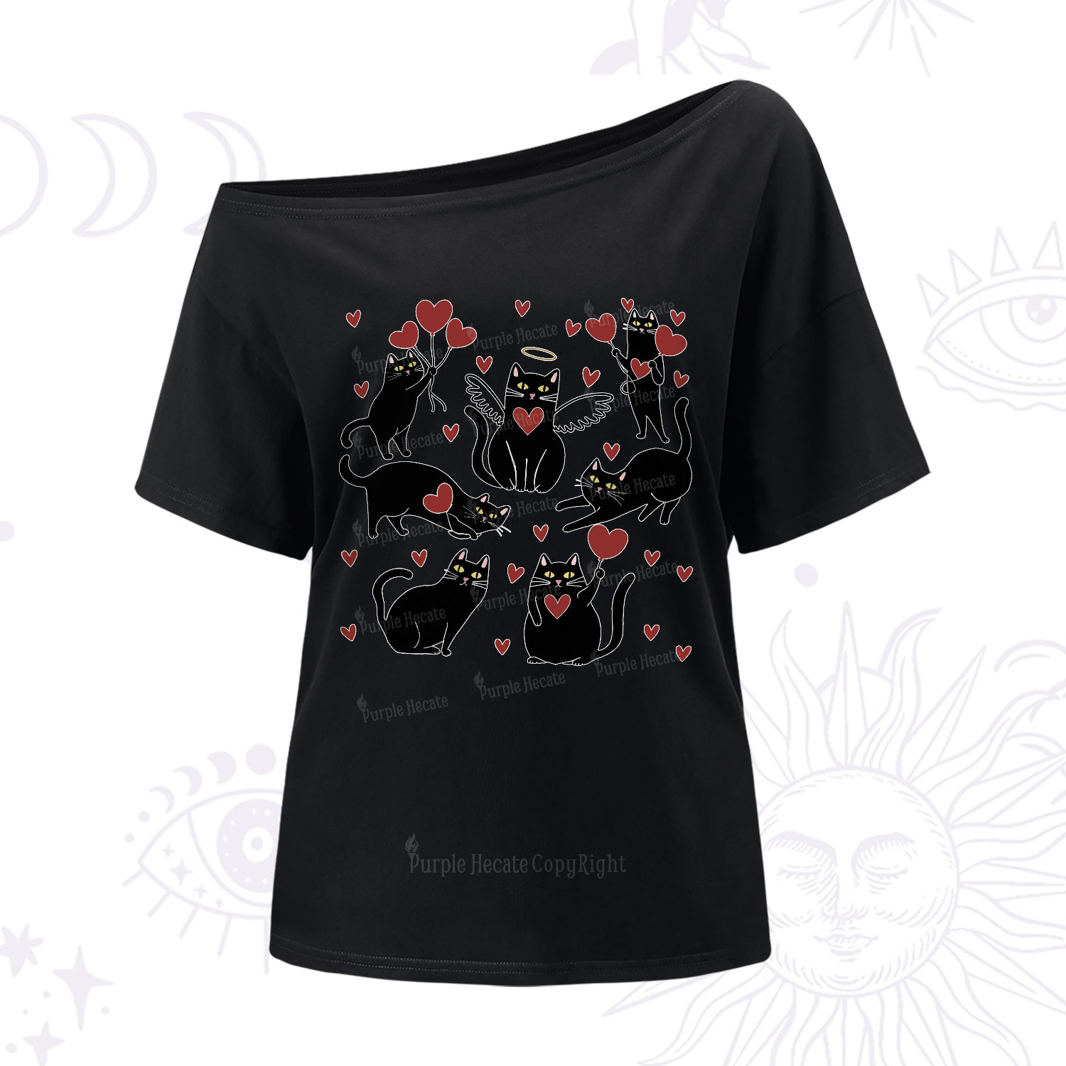 Purplehecate Meowy Valentine's Romantic Cat Valentine One Shoulder T-Shirt