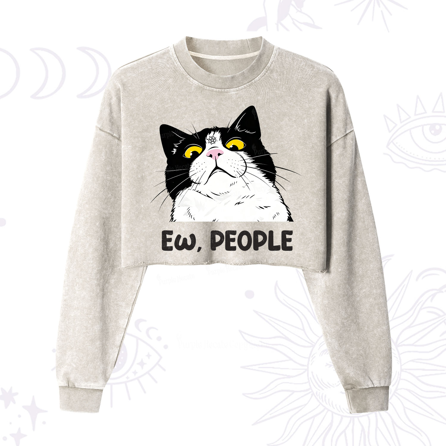 Purplehecate Ew People Cat Cropped Washed Sweatshirt