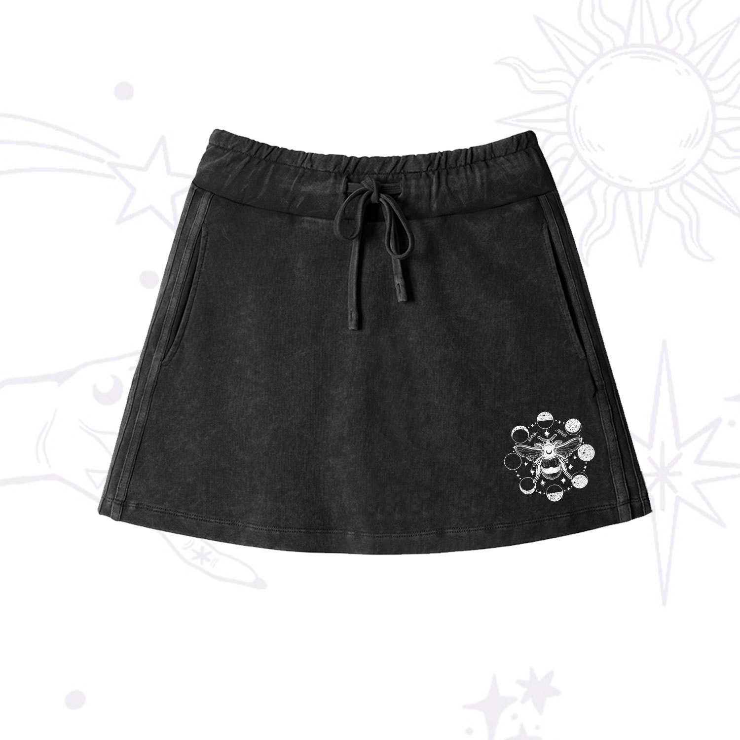 Purplehecate Moon Bee Washed Drawstring Mini Skirt