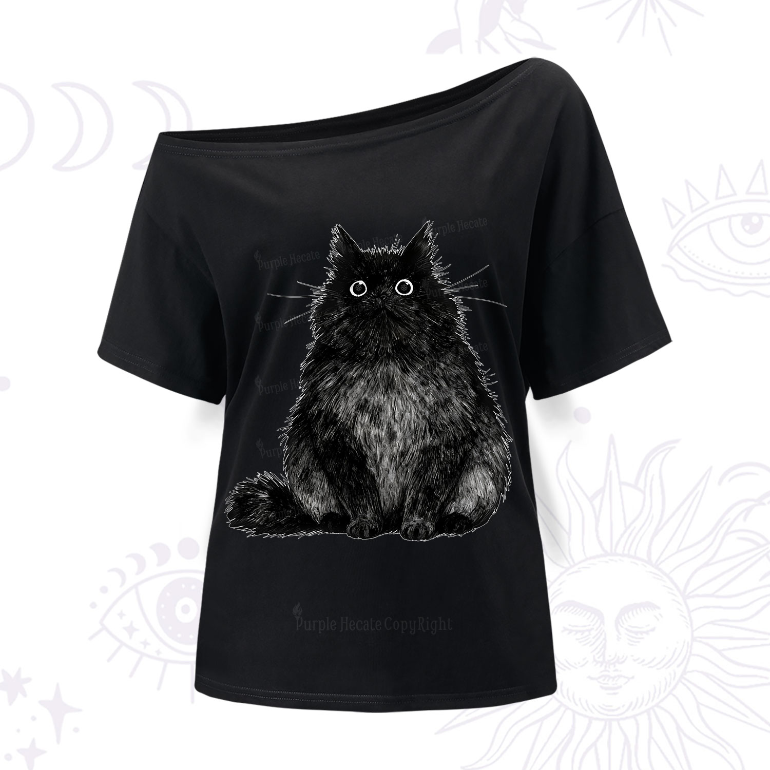 Purplehecate Cute Black Fluffy Cat One Shoulder T-Shirt