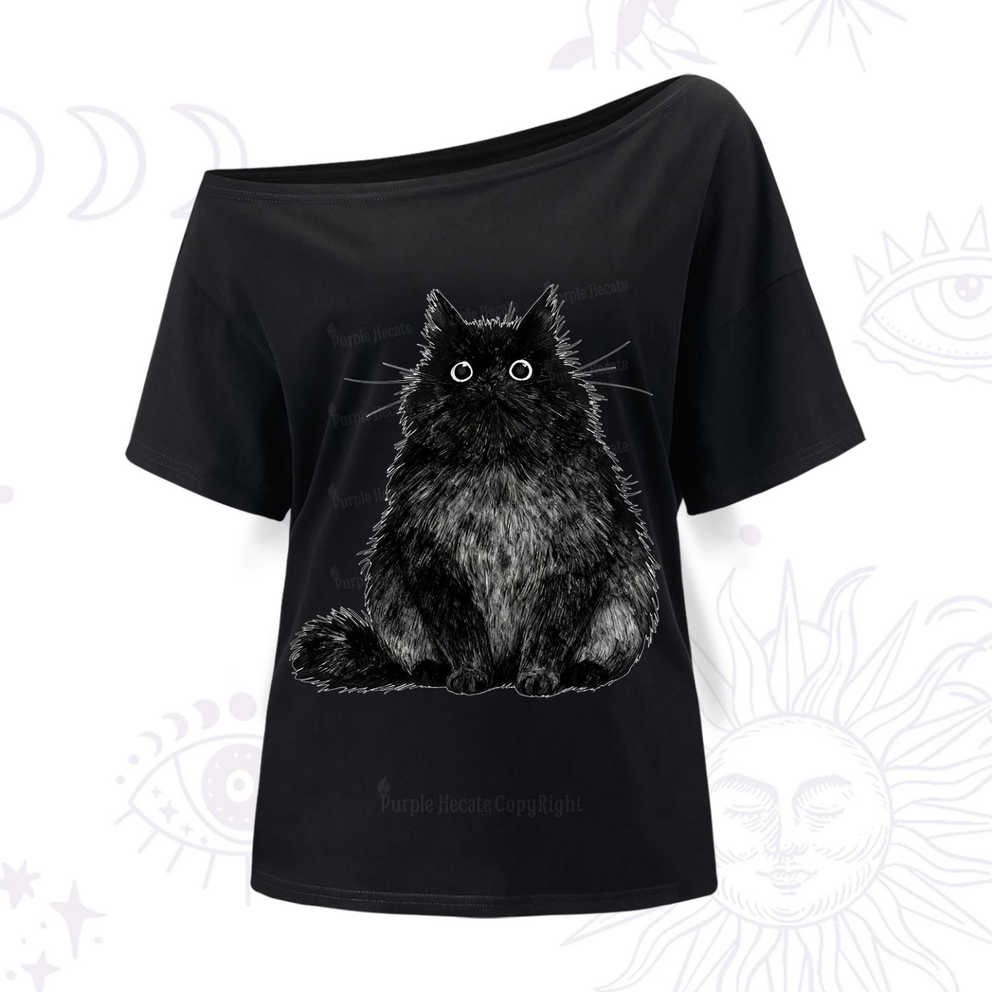 Purplehecate Cute Black Fluffy Cat One Shoulder T-Shir