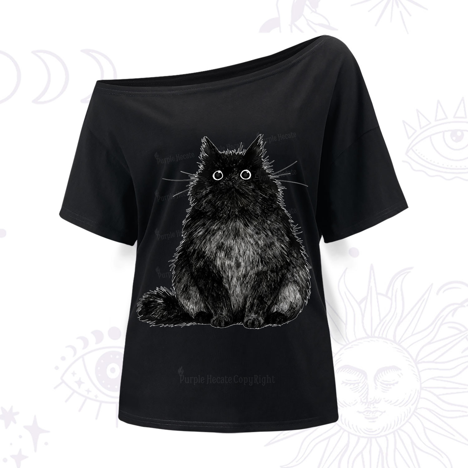 Purplehecate Cute Black Fluffy Cat One Shoulder T-Shir