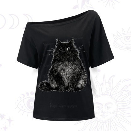 Purplehecate Cute Black Fluffy Cat One Shoulder T-Shirt