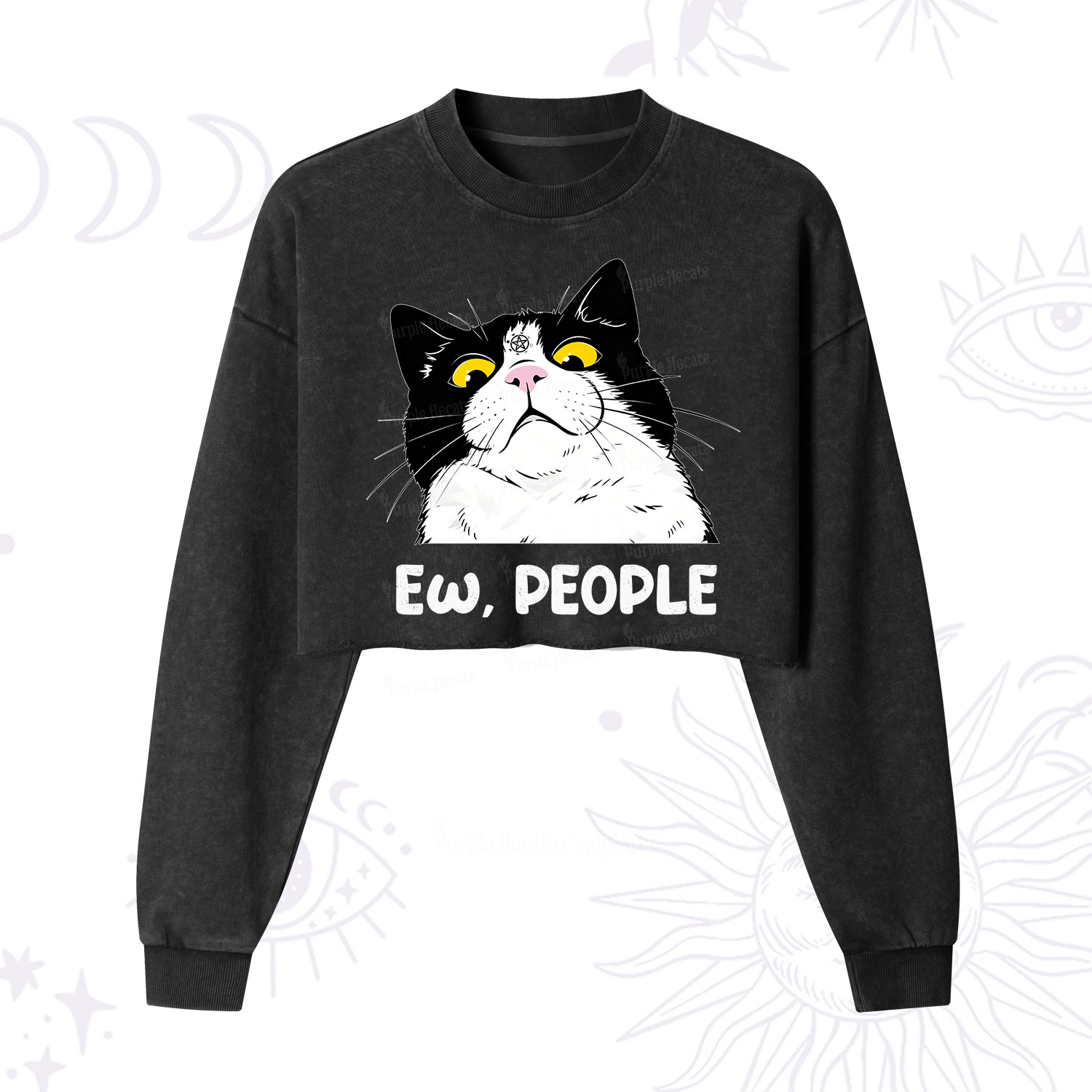 Purplehecate Ew People Cat Cropped Washed Sweatshirt