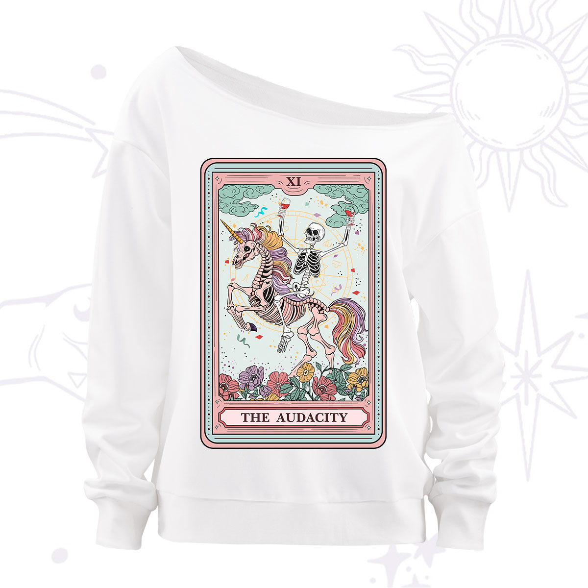 Purplehecate The Funny Skeleton Audacity Tarot Off The Shoulder Sweatshirt