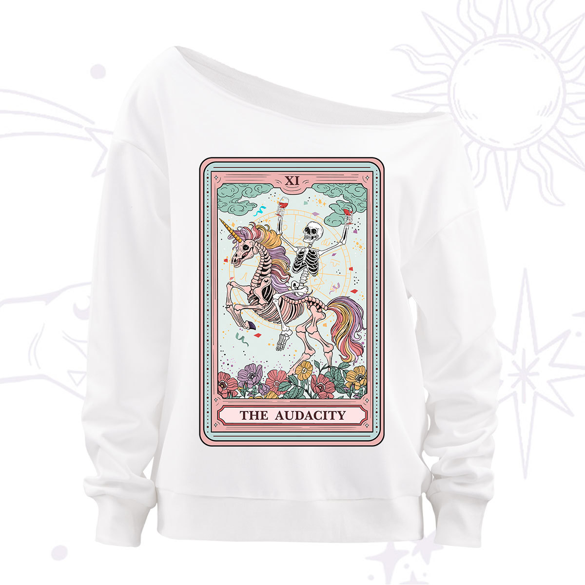 Purplehecate The Funny Skeleton Audacity Tarot Off The Shoulder Sweatshirt