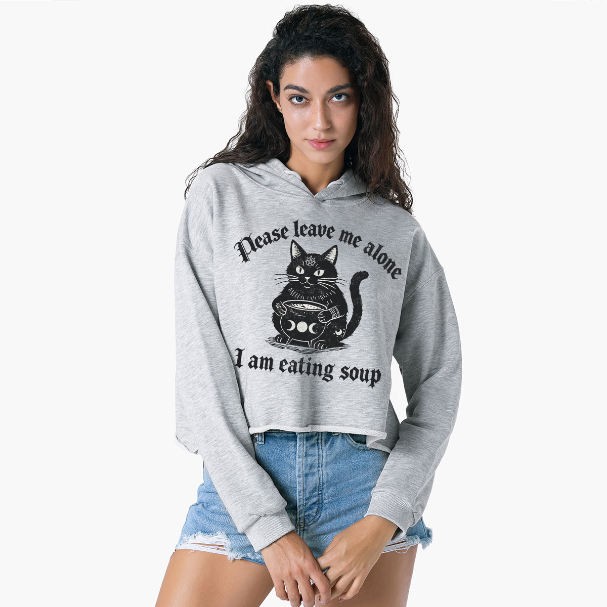 Purplehecate Magic Cat Eating Soup Crop Hoodie