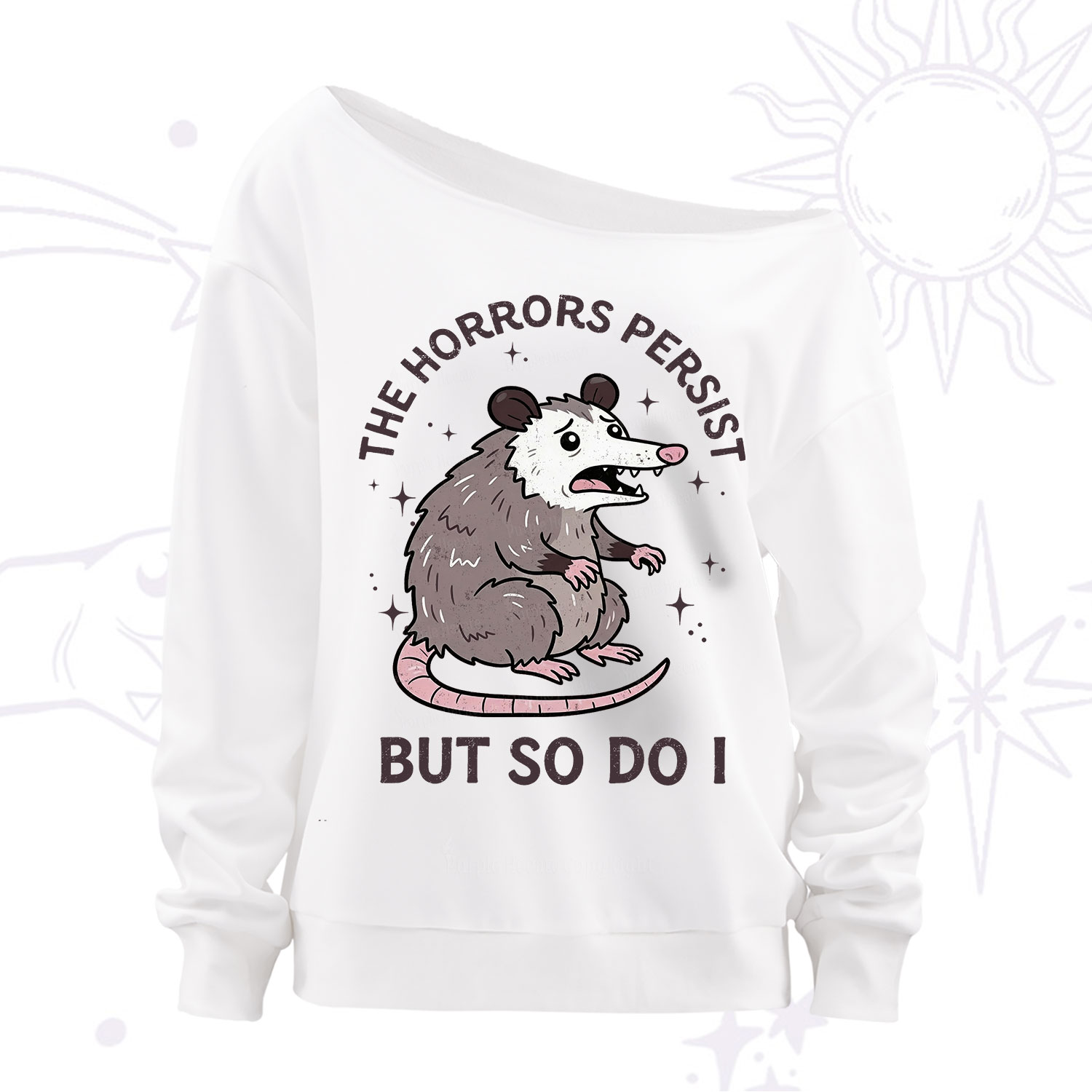 Purplehecate The Horrors Persist But So Do I Opossum Off The Shoulder Sweatshirt