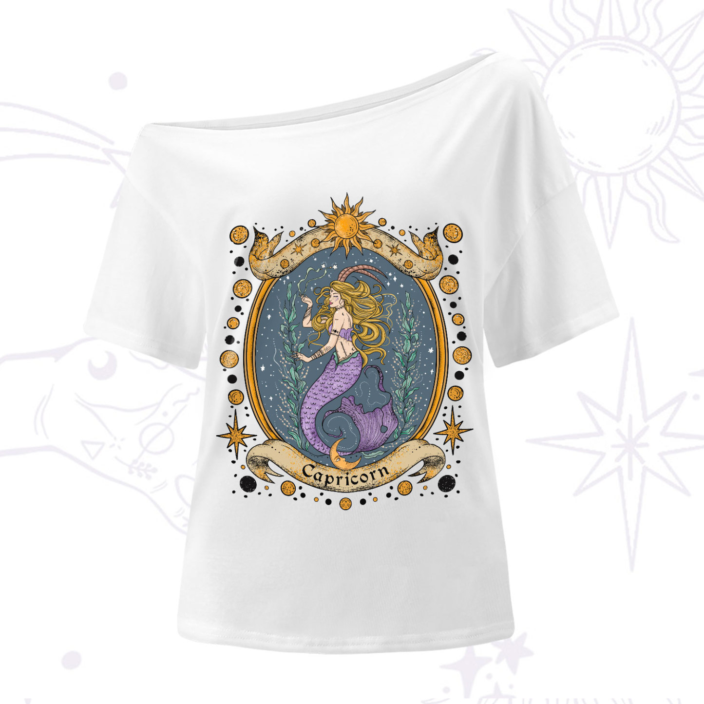 Purplehecate Celestial Capricorn Zodiac One-Shoulder T-Shirt