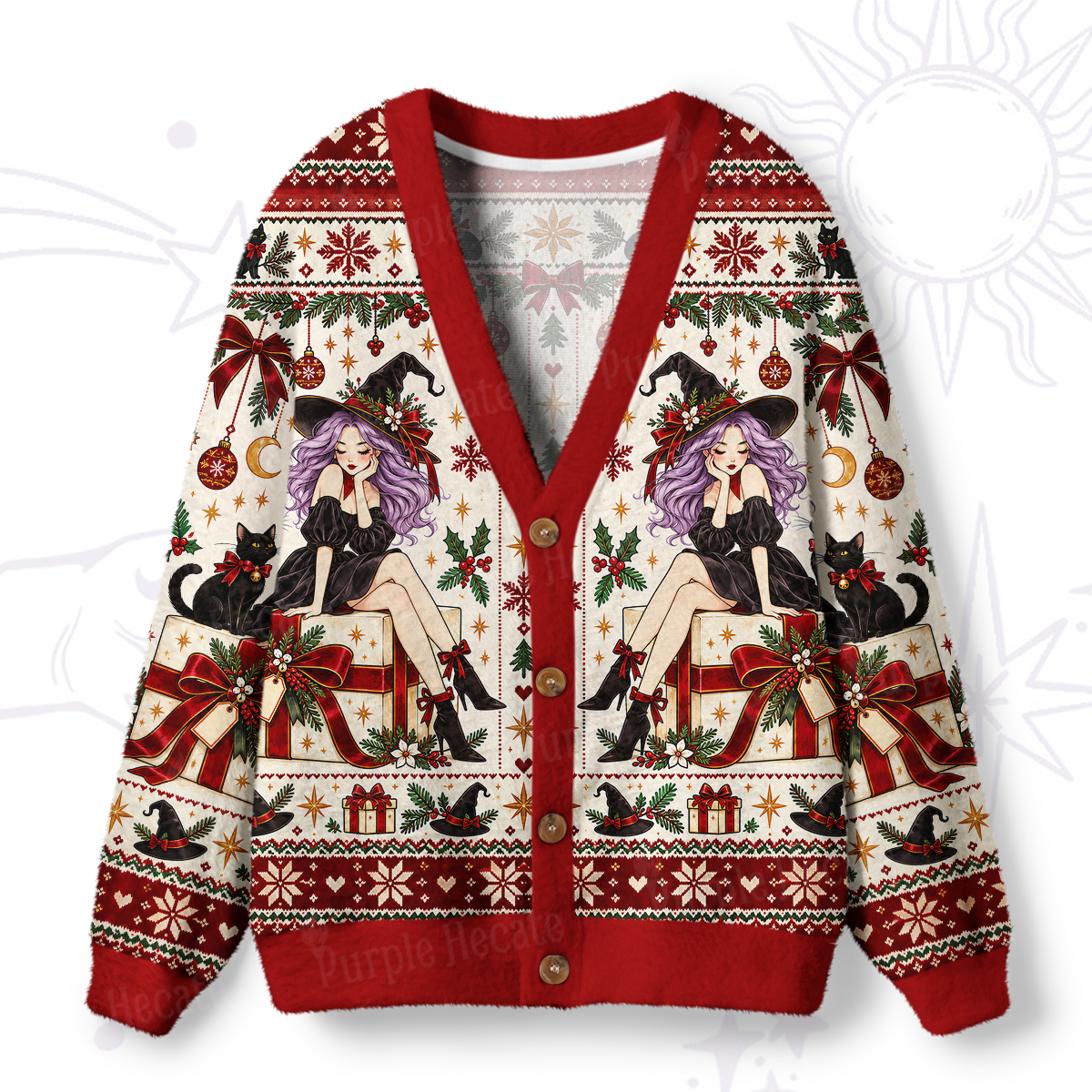 Purplehecate Christmas Gift Box Witch Girl Ugly Cardigan Sweaters