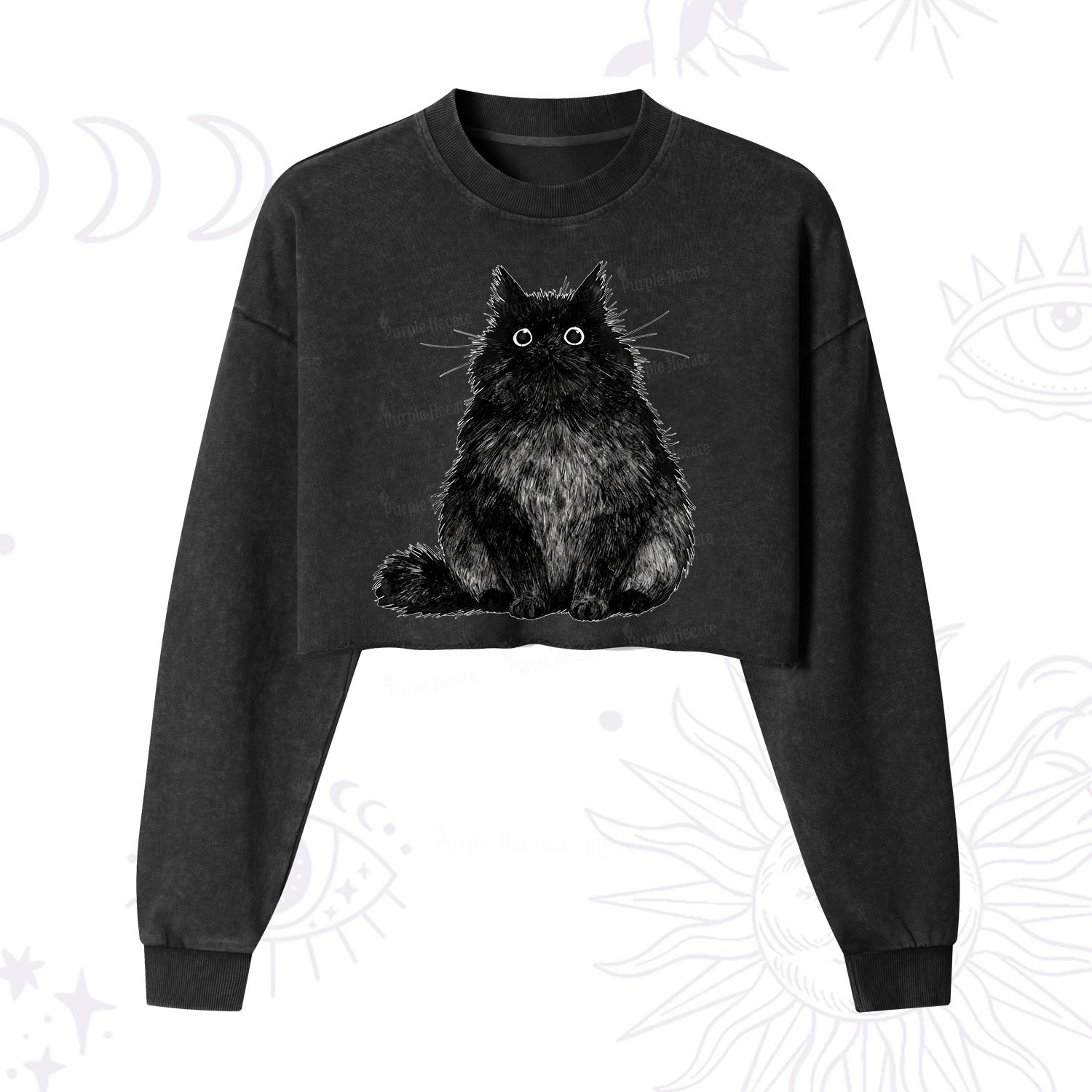 Purplehecate Cute Black Fluffy Cat Cropped Washed Sweatshirt