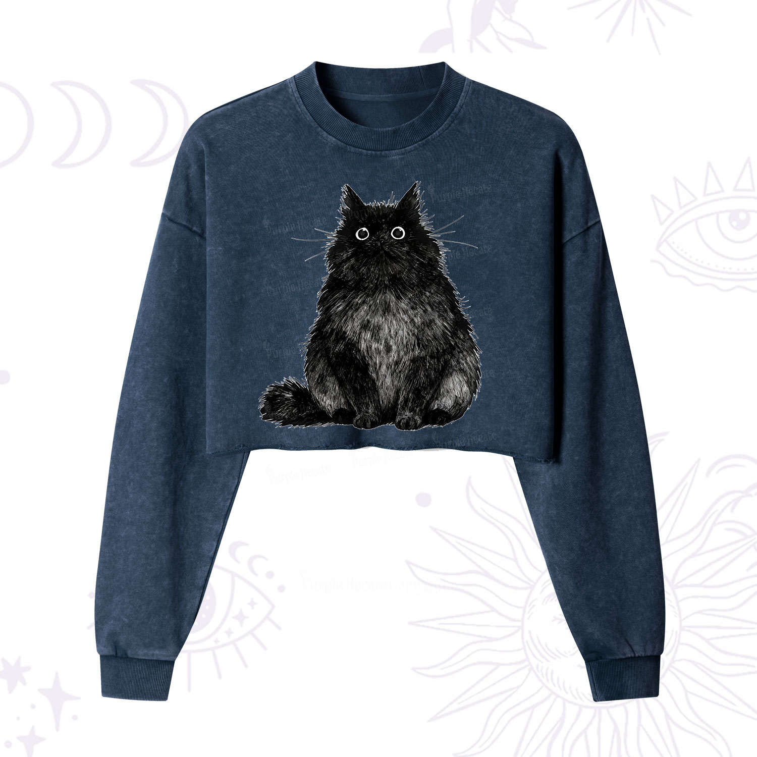 Purplehecate Cute Black Fluffy Cat Cropped Washed Sweatshirt