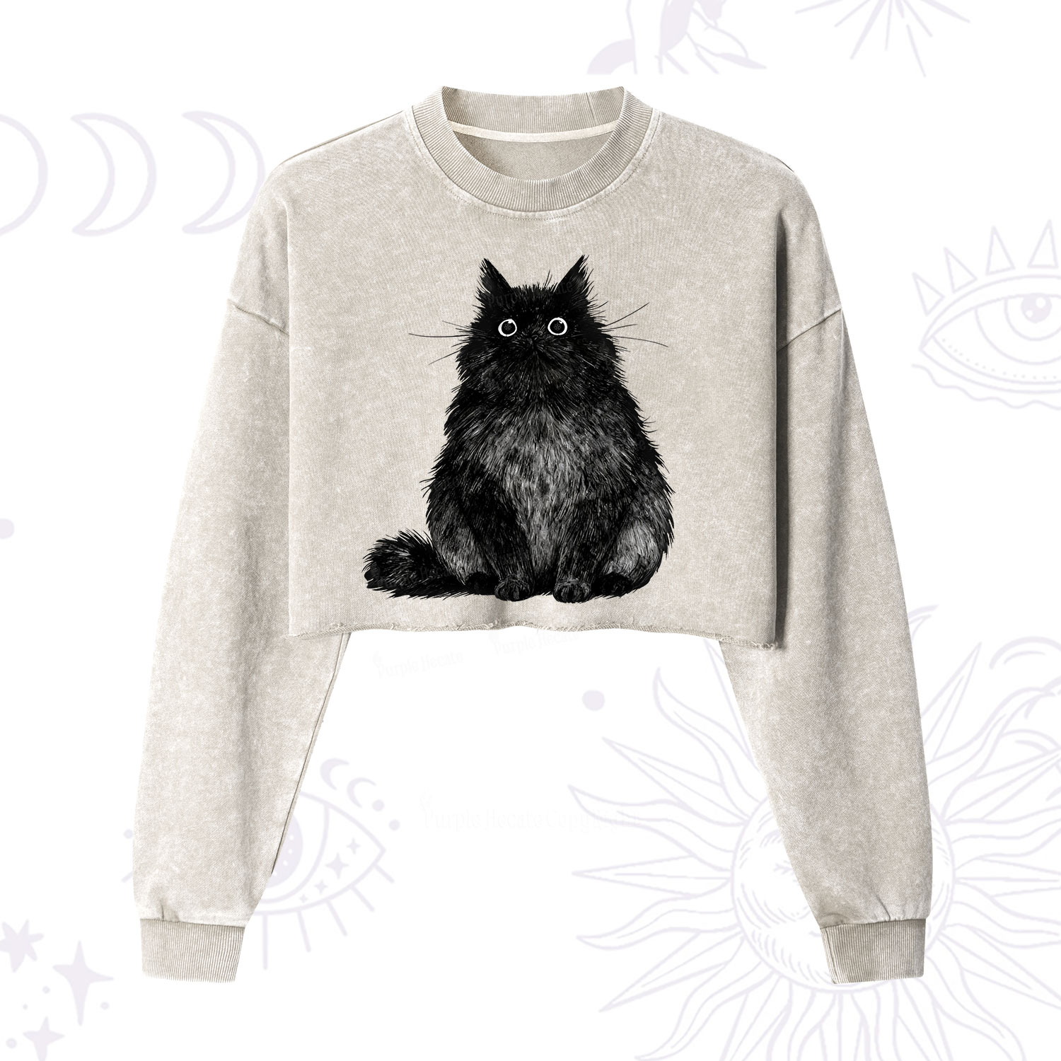 Purplehecate Cute Black Fluffy Cat Cropped Washed Sweatshirt