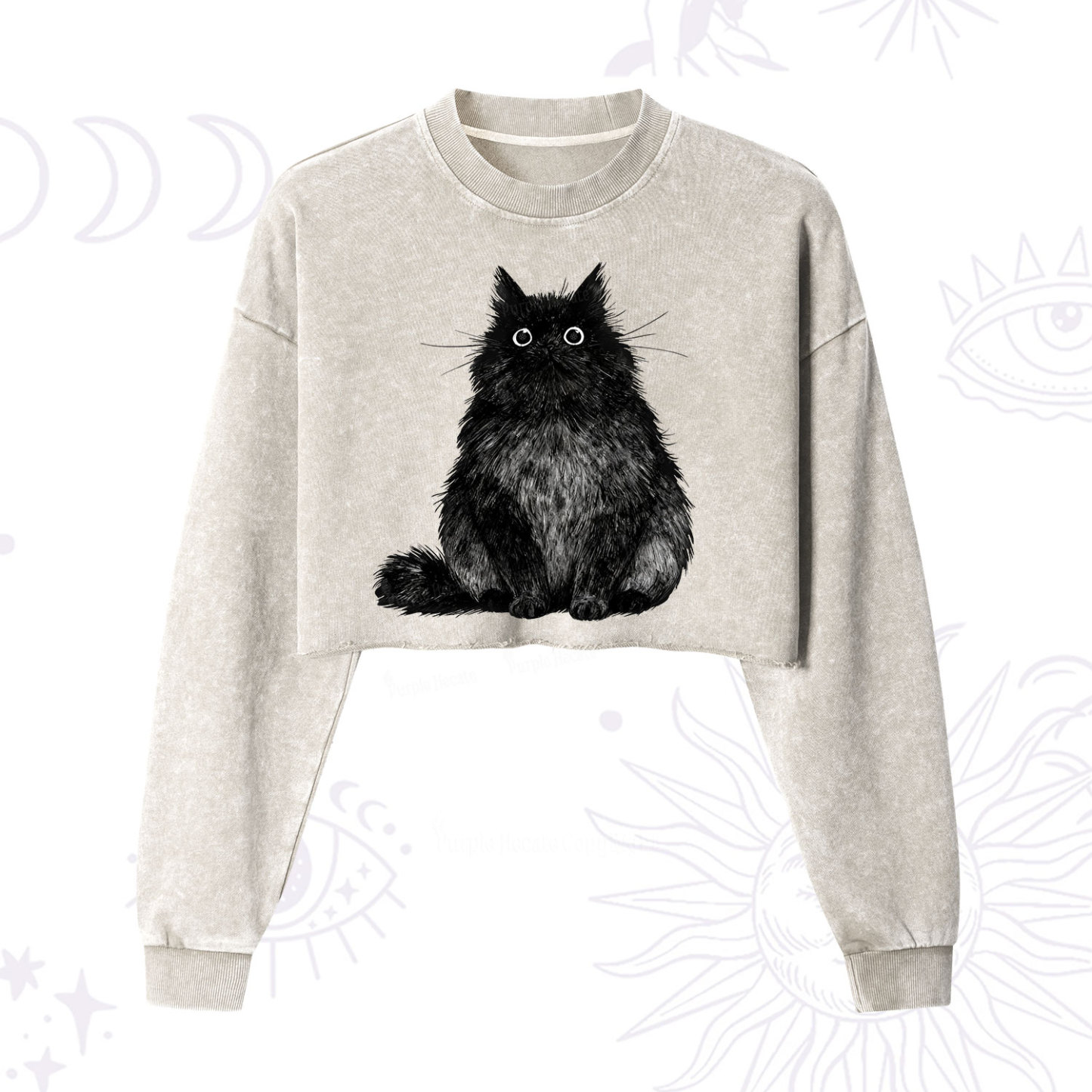 Purplehecate Cute Black Fluffy Cat Cropped Washed Sweatshirt