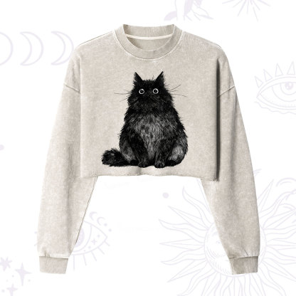 Purplehecate Cute Black Fluffy Cat Cropped Washed Sweatshirt