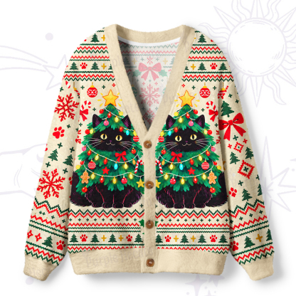 Purplehecate Fluffy Cat Christmas Elves Ugly Cardigan Sweaters