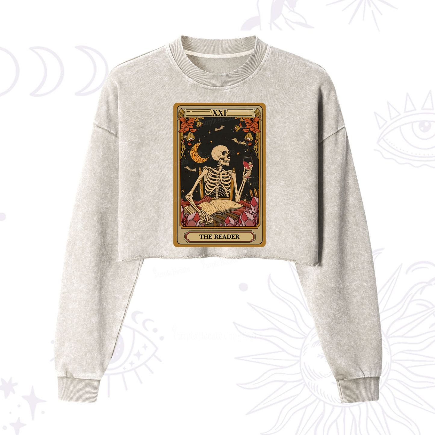 Purplehecate The Reader Tarot Skeleton Cropped Washed Sweatshirt