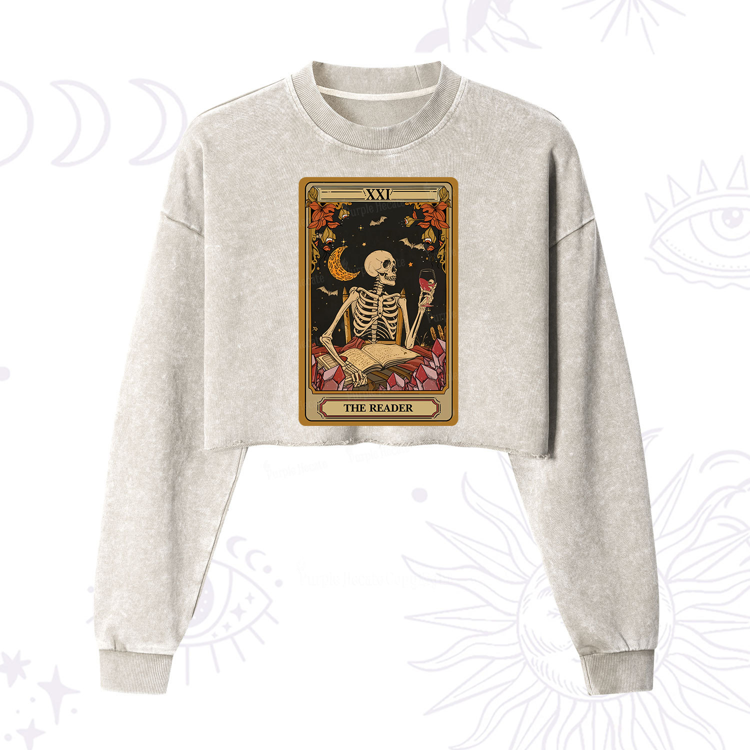 Purplehecate The Reader Tarot Skeleton Cropped Washed Sweatshirt