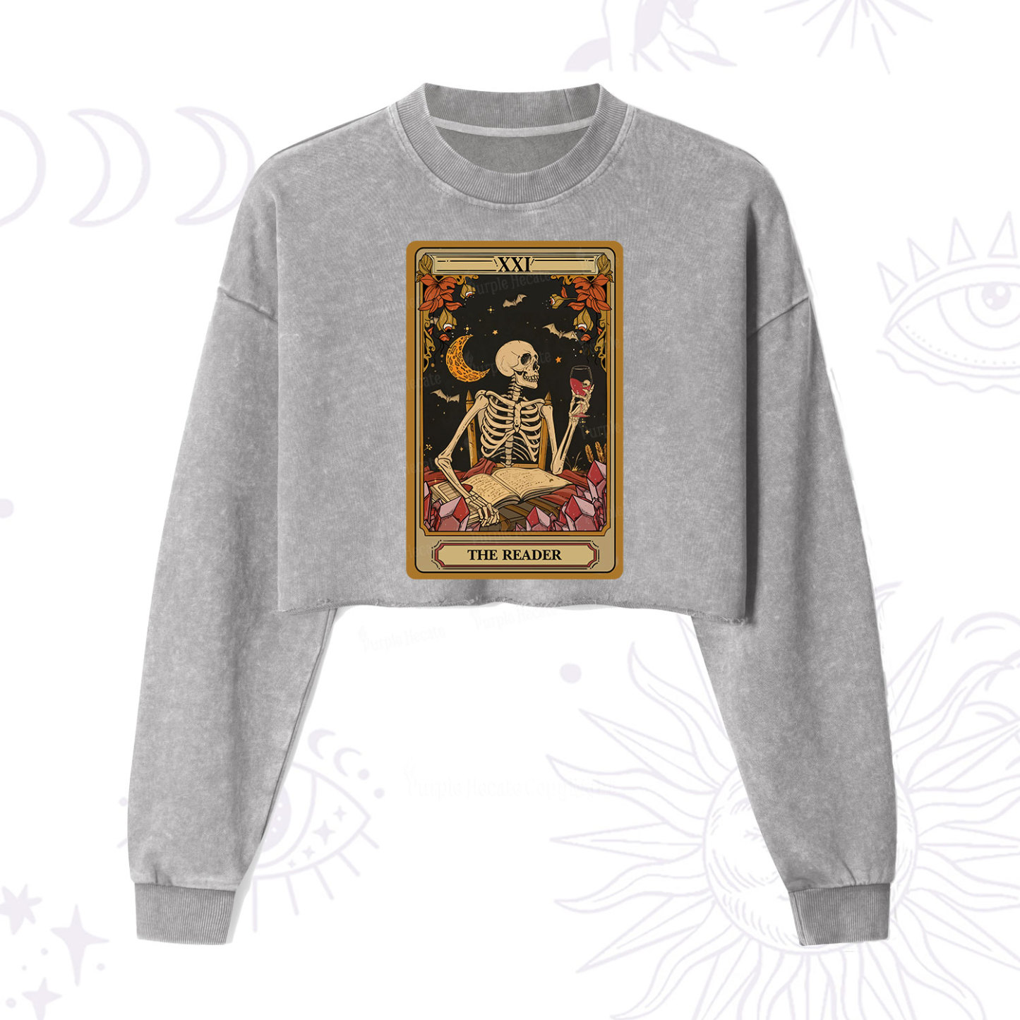 Purplehecate The Reader Tarot Skeleton Cropped Washed Sweatshirt