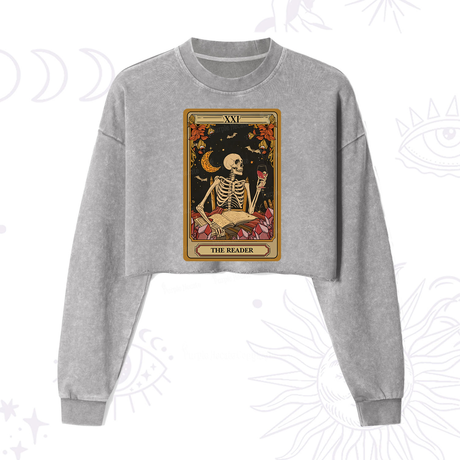 Purplehecate The Reader Tarot Skeleton Cropped Washed Sweatshirt