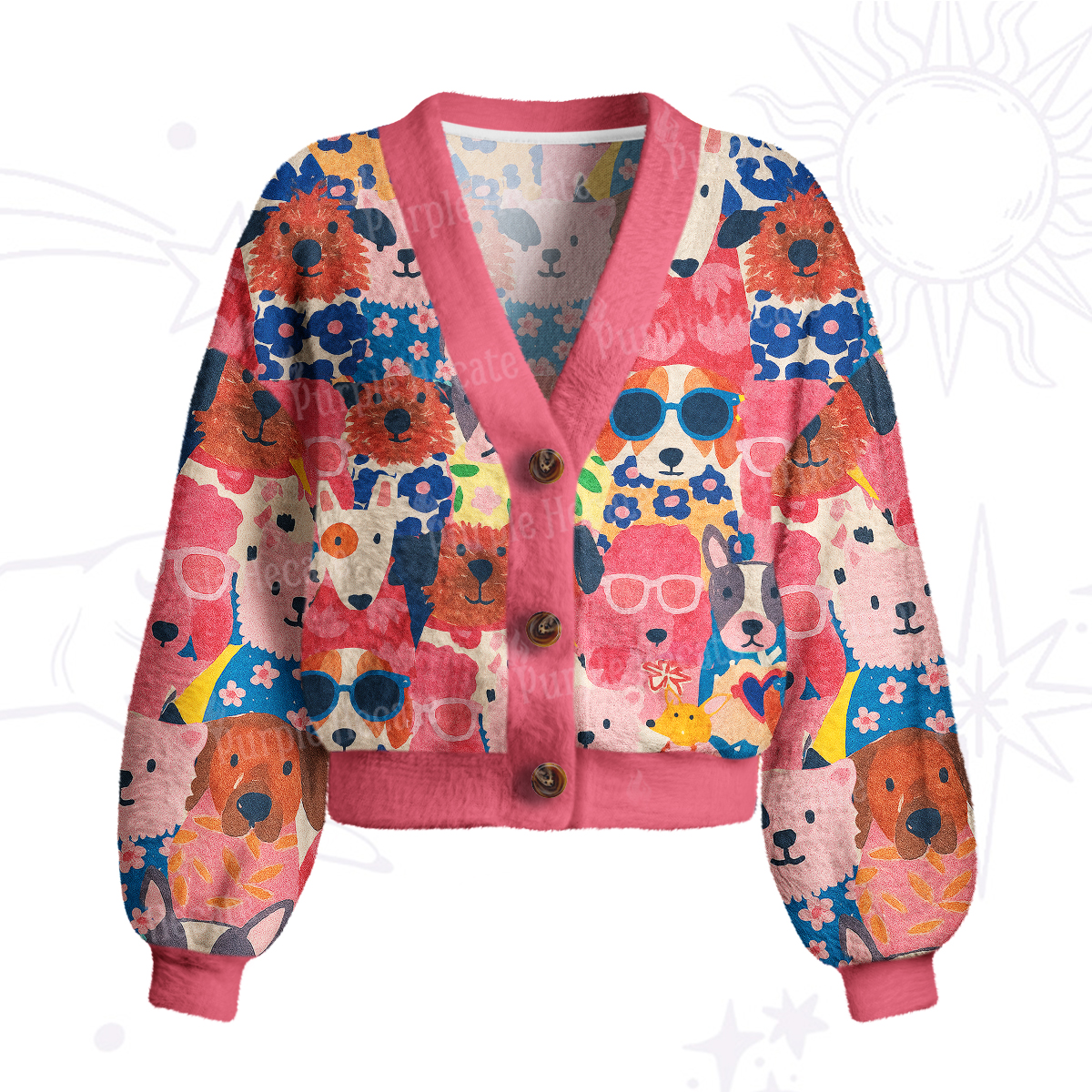 Purplehecate Happy Dog Faces Cardigan Sweaters