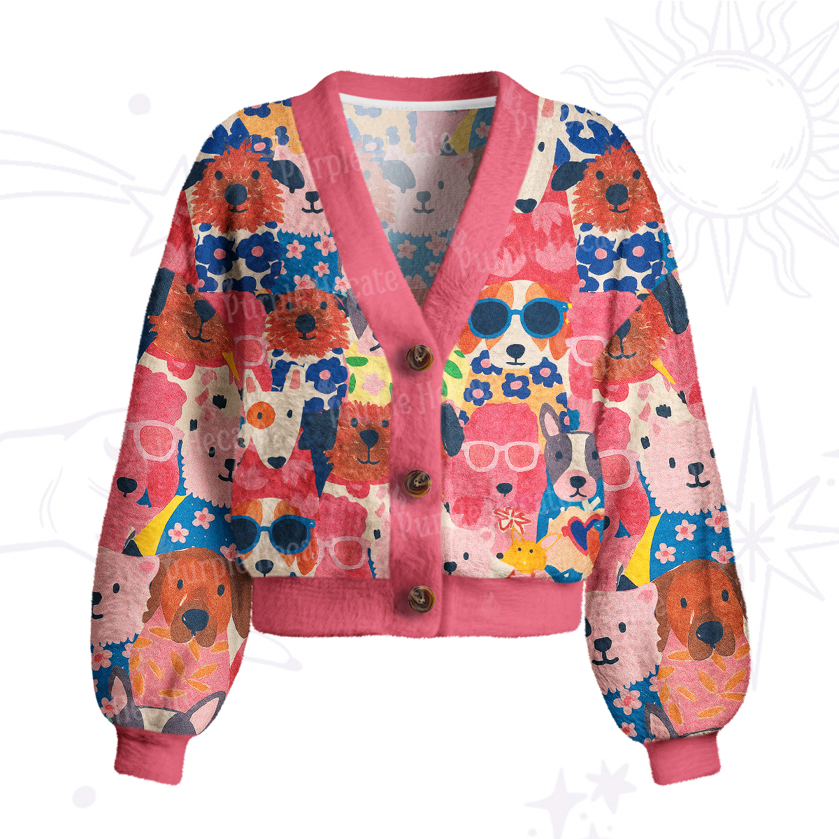 Purplehecate Happy Dog Faces Cardigan Sweaters