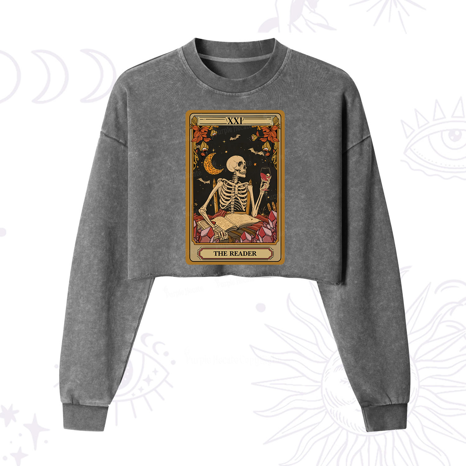 Purplehecate The Reader Tarot Skeleton Cropped Washed Sweatshirt