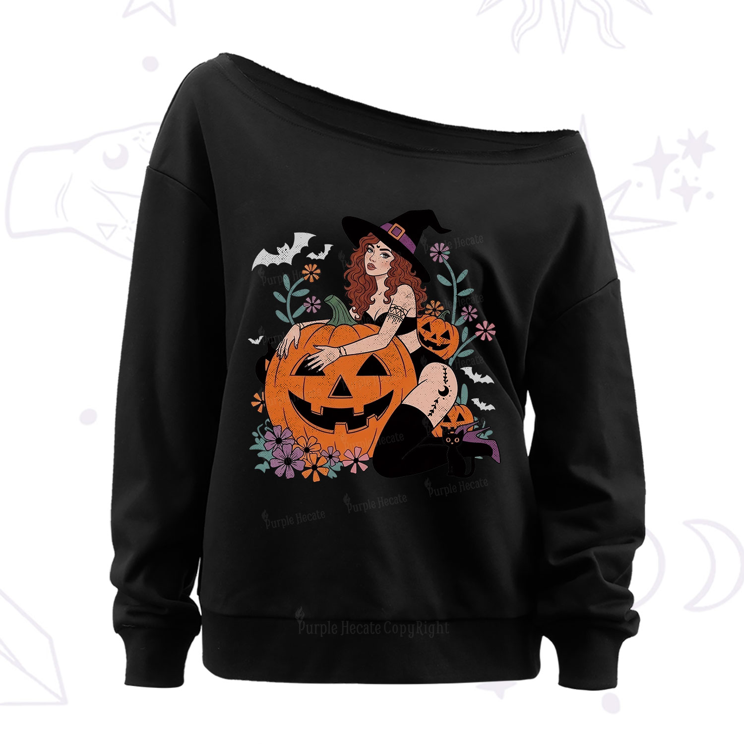 Purplehecate Enchanting Pumpkin Witch Halloween Off The Shoulder Sweatshirt