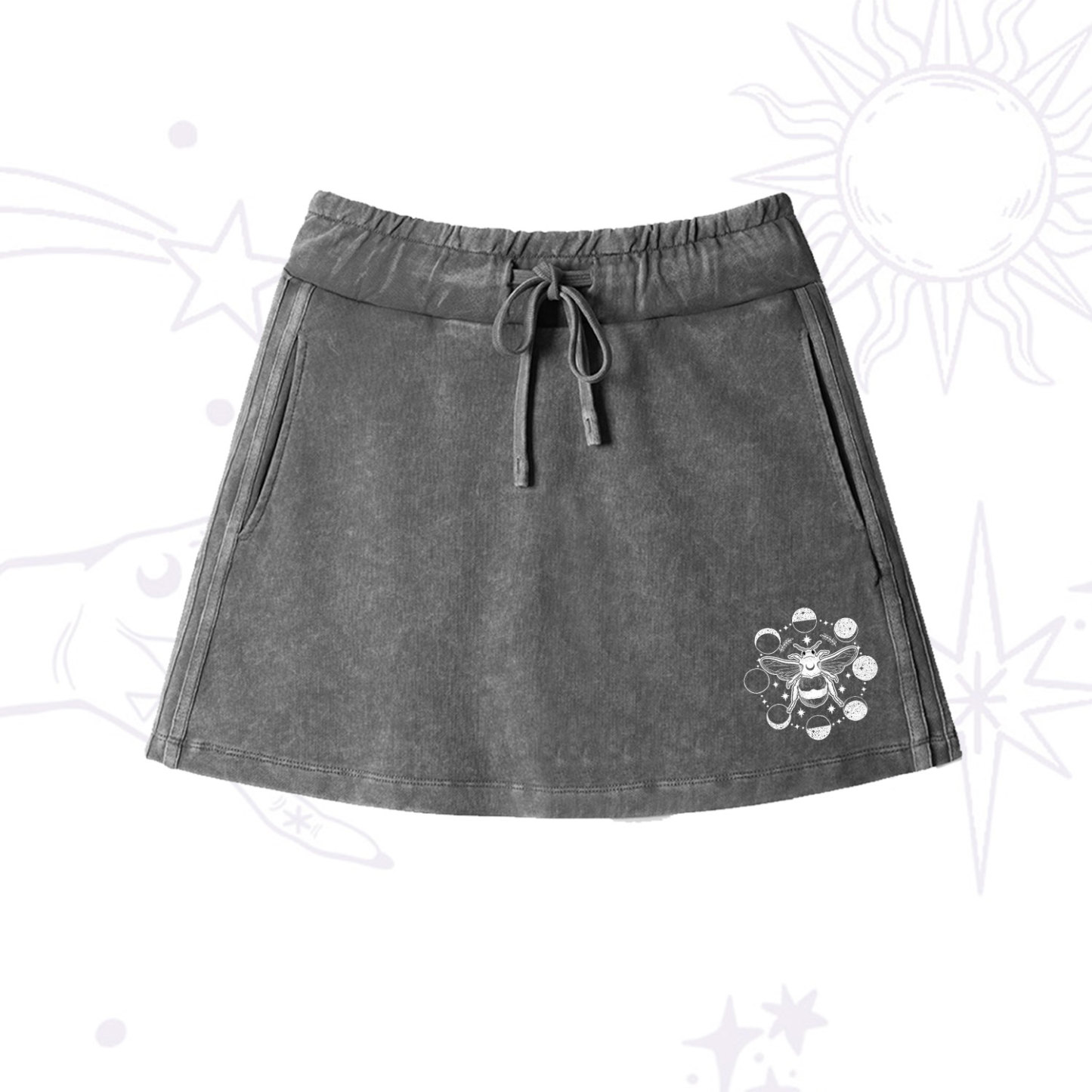 Purplehecate Moon Bee Washed Drawstring Mini Skirt