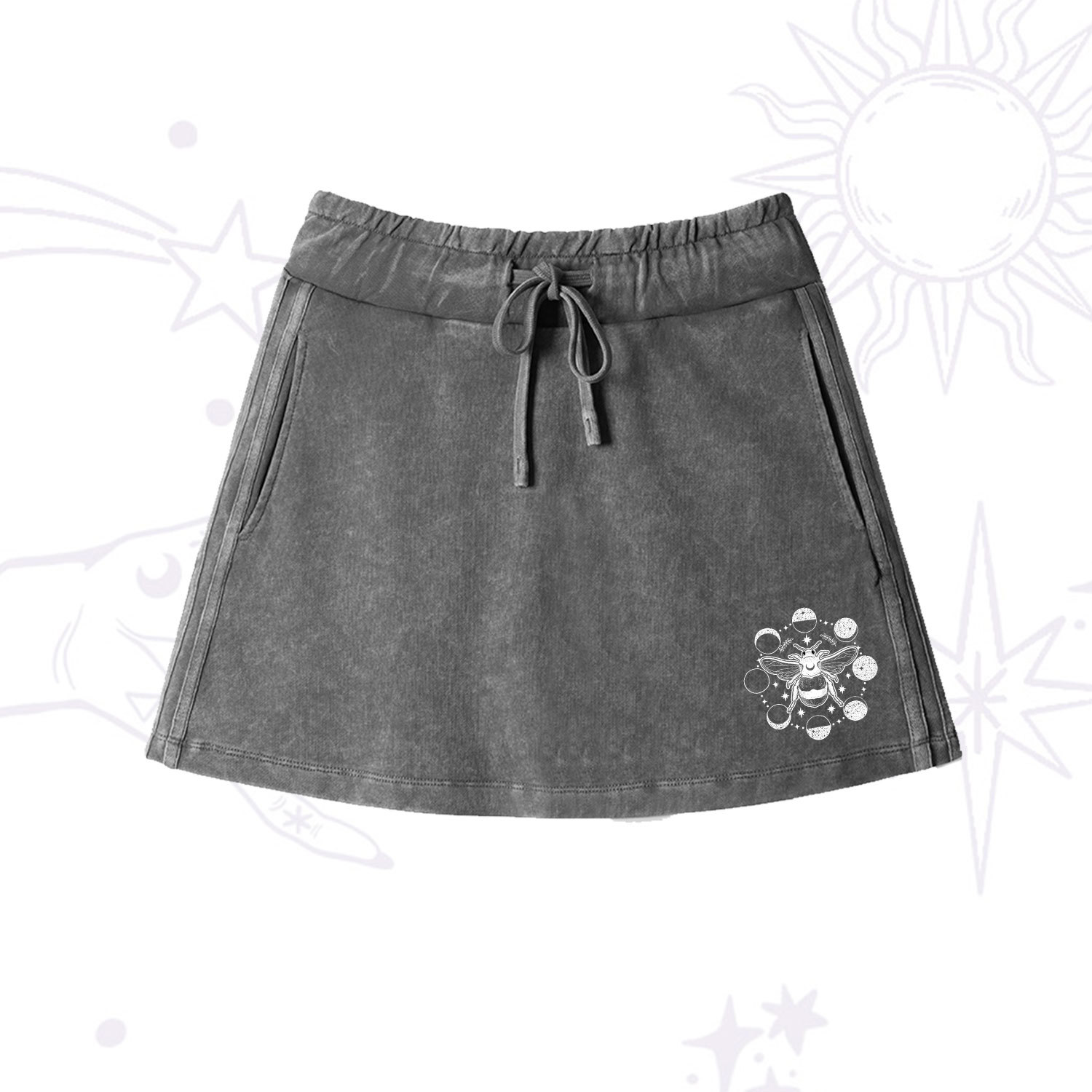 Purplehecate Moon Bee Washed Drawstring Mini Skirt