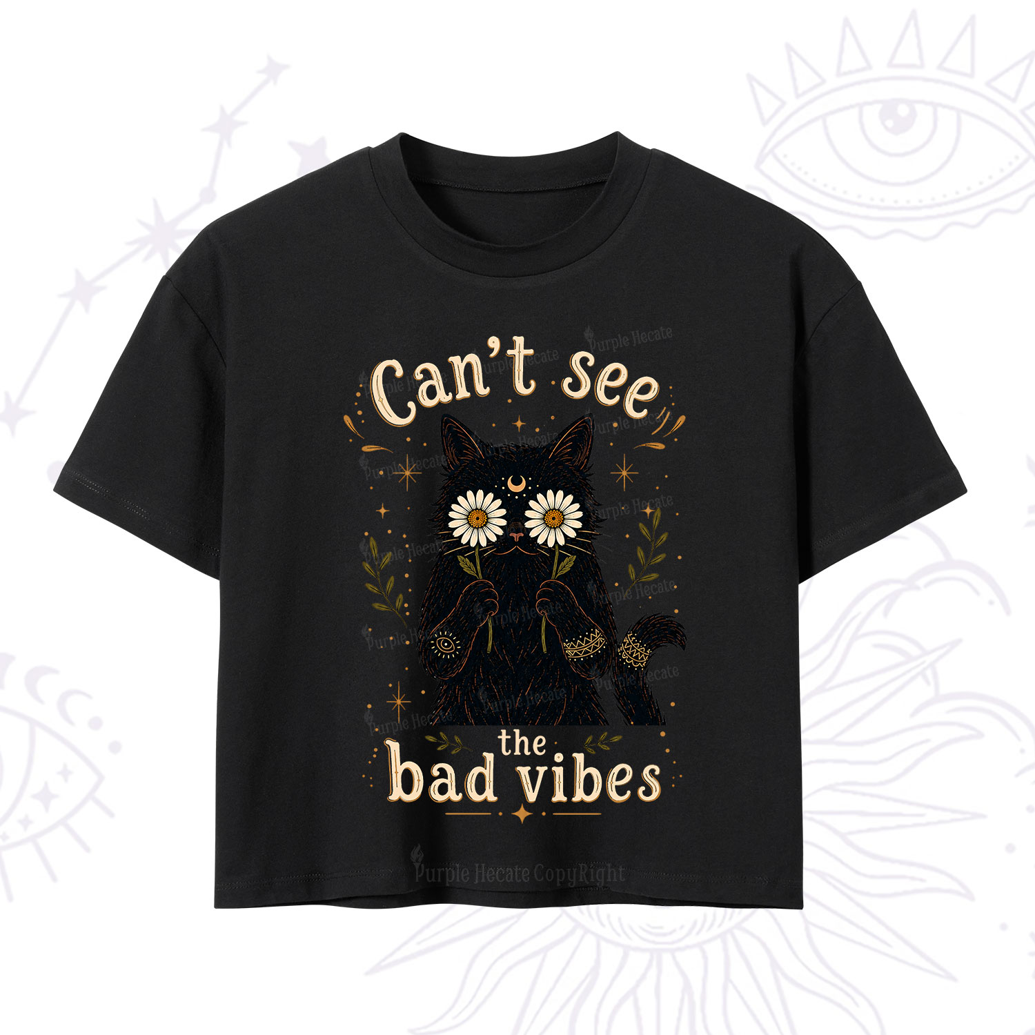 Purplehecate Can't See the Bad Vibes Black Cat Crop T-Shirt