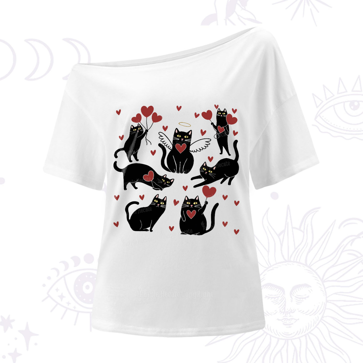 Purplehecate Meowy Valentine's Romantic Cat Valentine One Shoulder T-Shirt