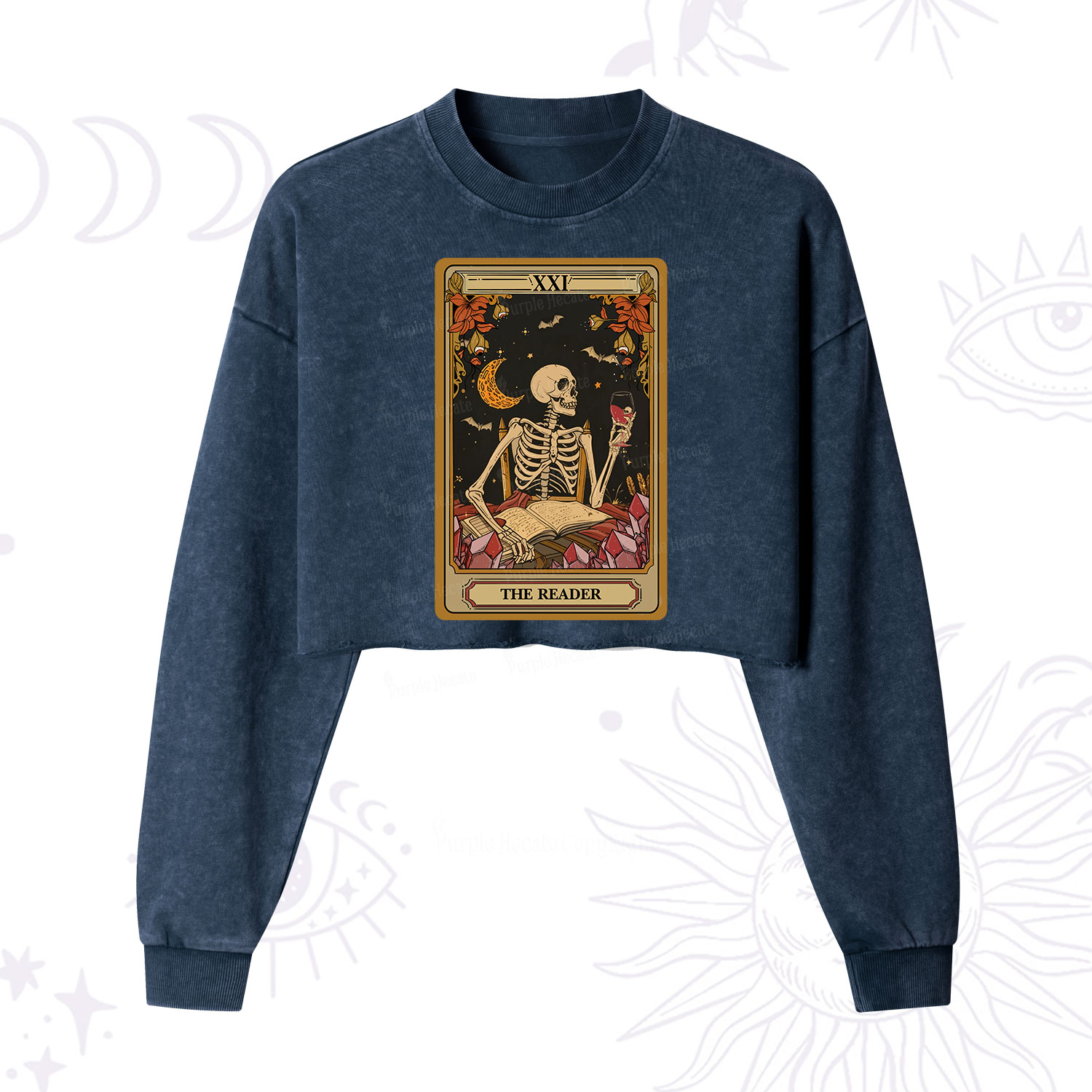 Purplehecate The Reader Tarot Skeleton Cropped Washed Sweatshirt