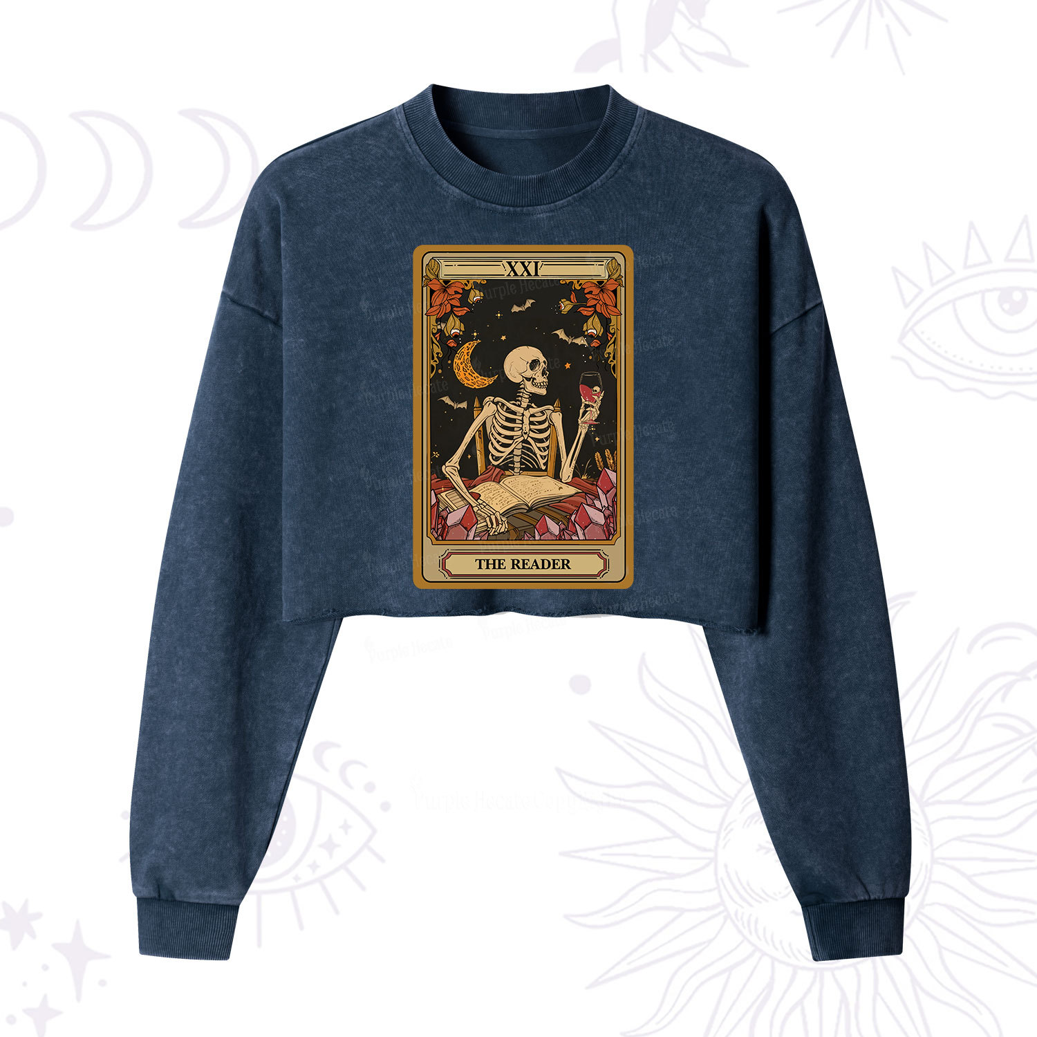 Purplehecate The Reader Tarot Skeleton Cropped Washed Sweatshirt